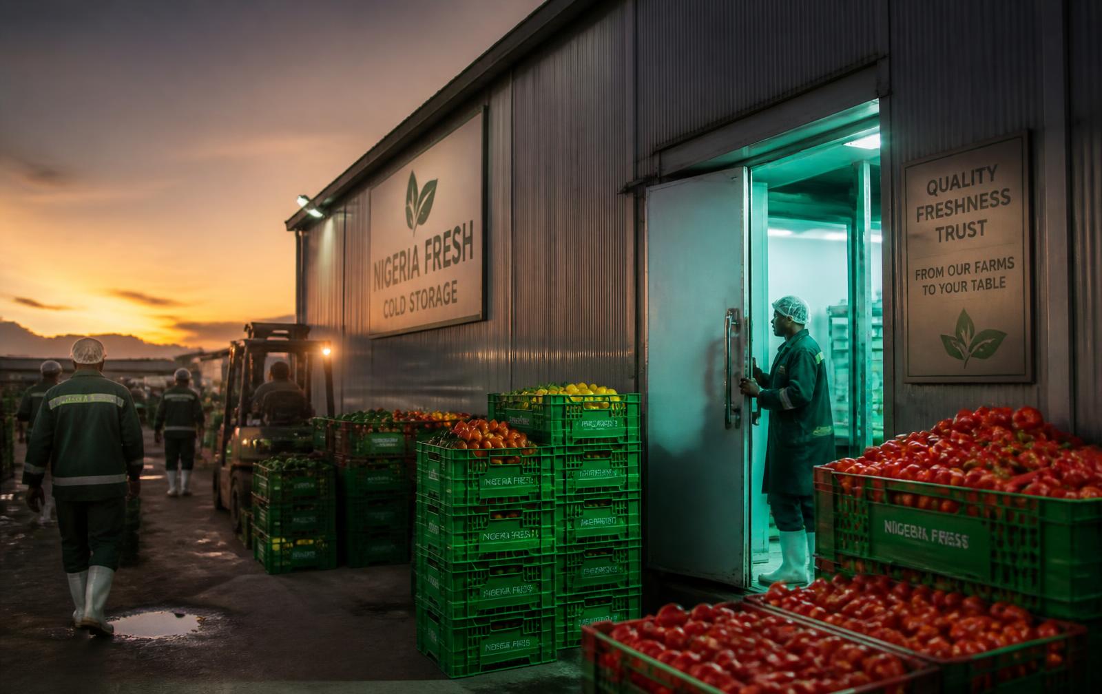 Interior of a modern Nigerian cold room stacked with baskets of fresh produce
