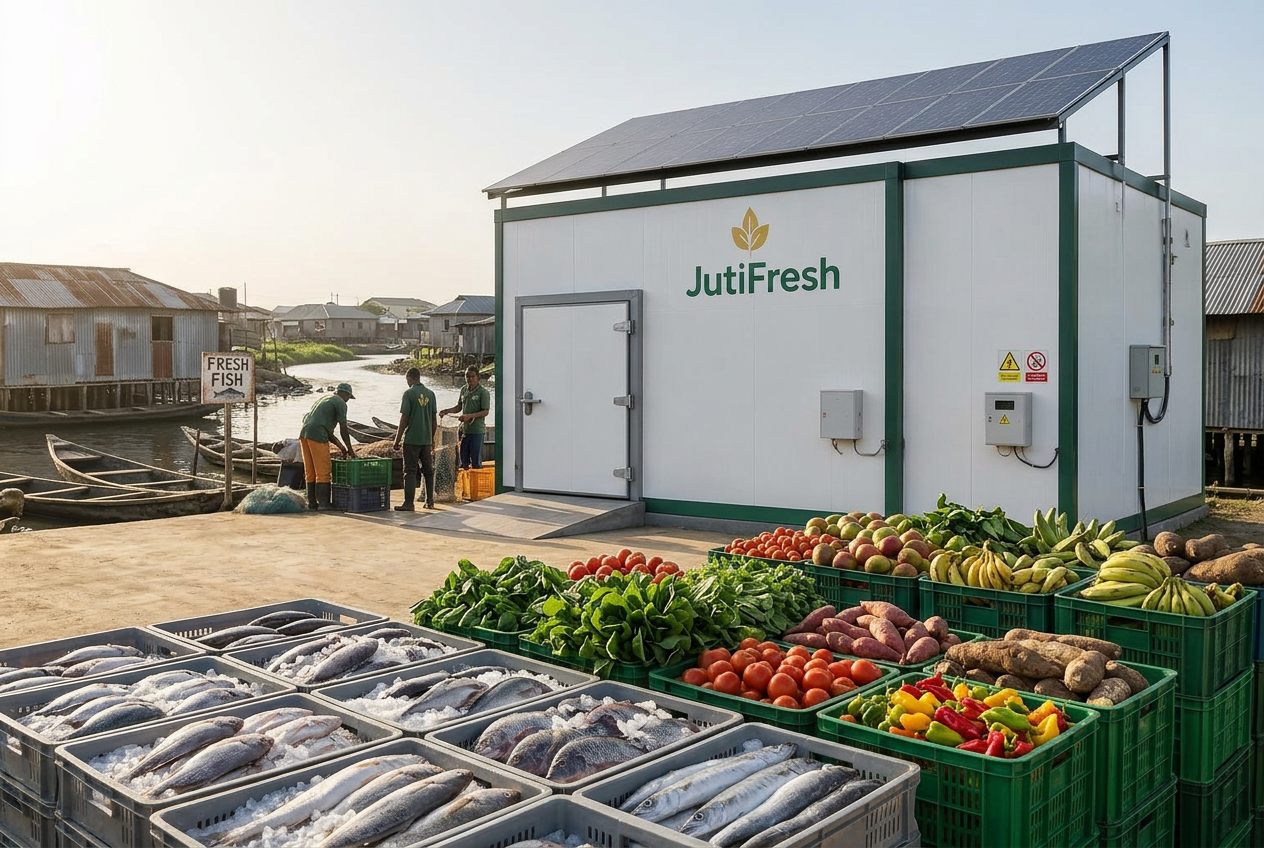 JutiFresh solar-powered cold room beside crates of fresh fish, fruit and vegetables in a coastal community
