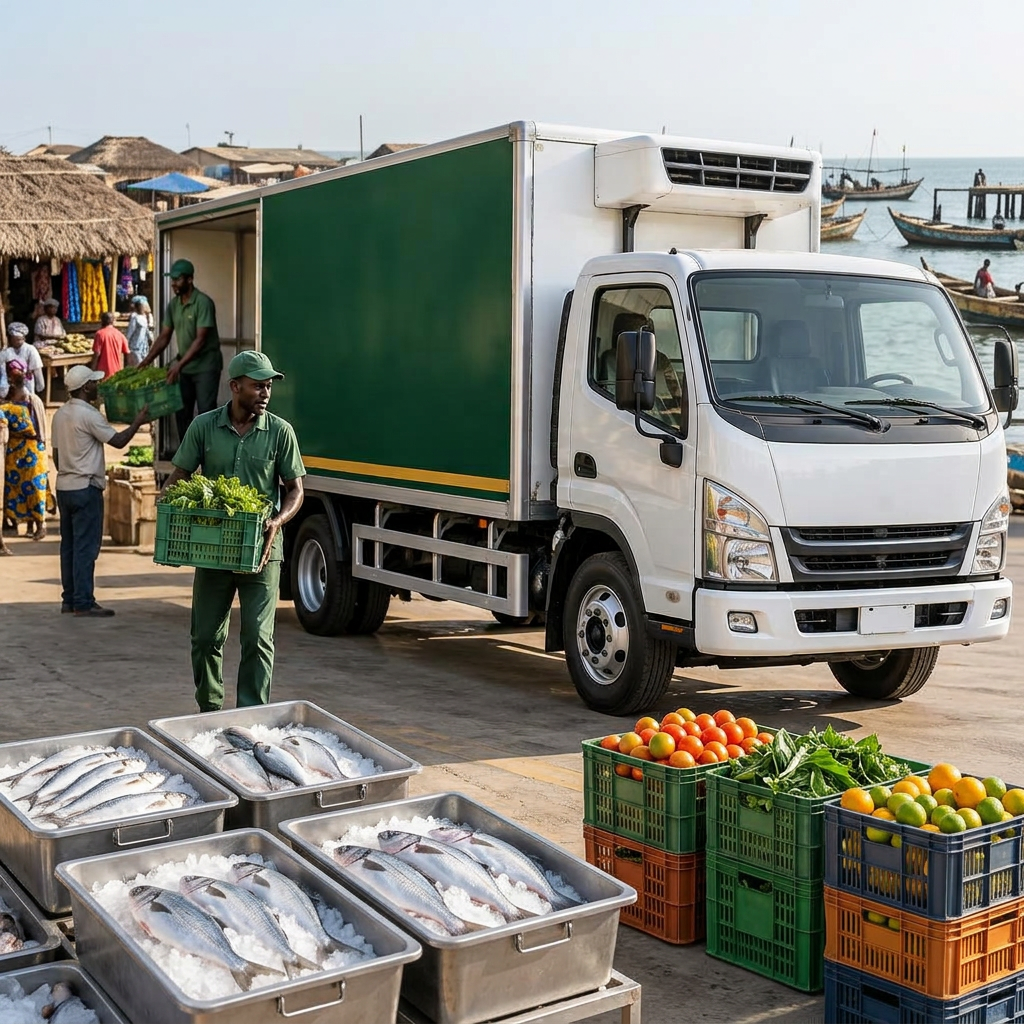 Refrigerated truck loading crates of fresh produce
