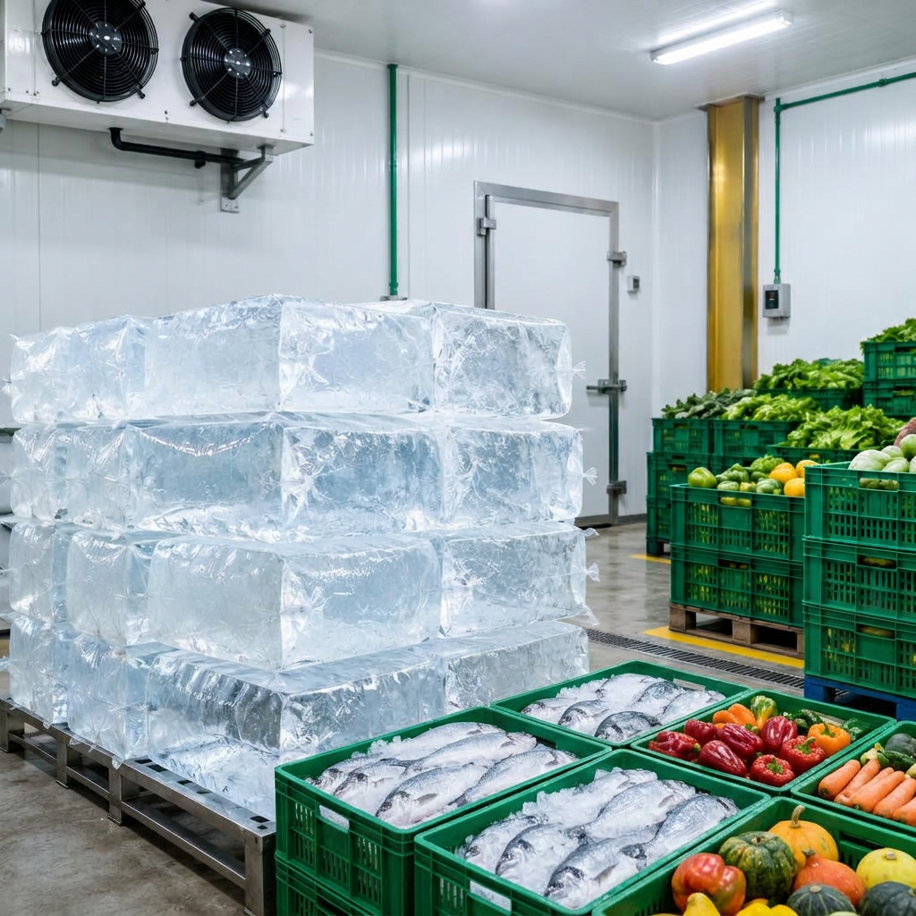 Ice and separate crates of fresh fish and vegetables inside a cold room